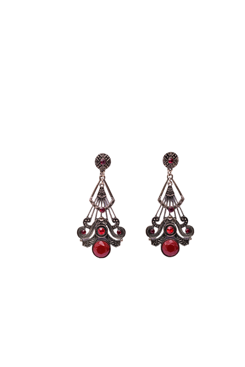 Namokriti Vintage Boho Red Stone Dangle Earrings – Antique Silver Finish for Women & Girls